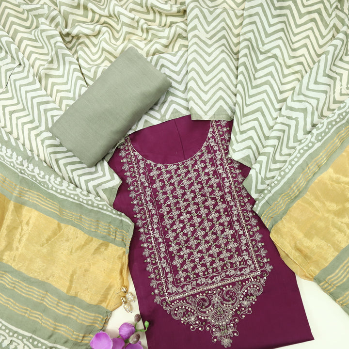 Ranjish Magenta Purple Jam Cotton Satin Top With Gajji Silk Dupatta