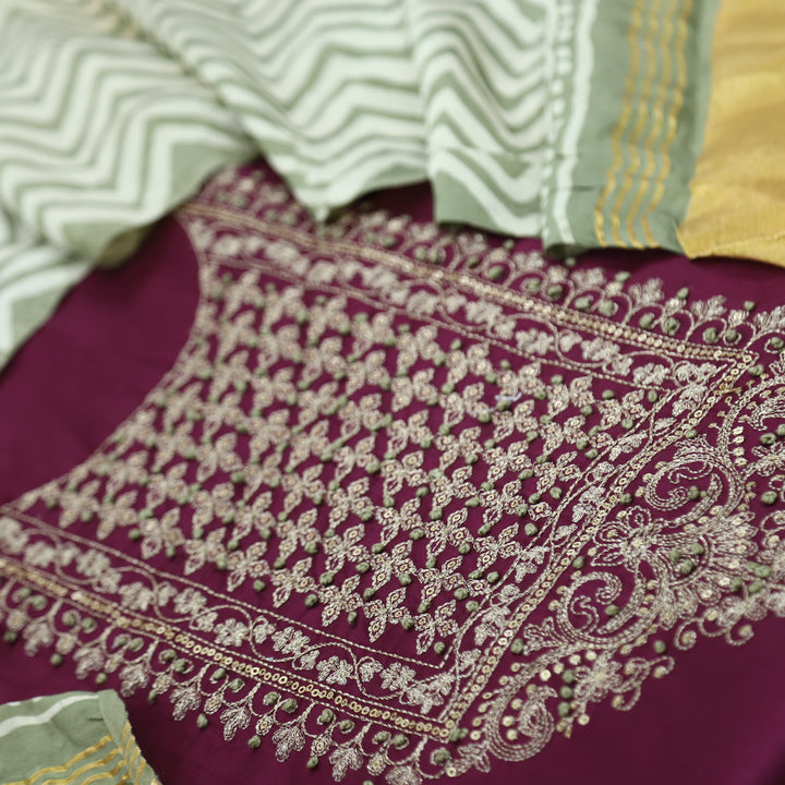 Ranjish Magenta Purple Jam Cotton Satin Top With Gajji Silk Dupatta