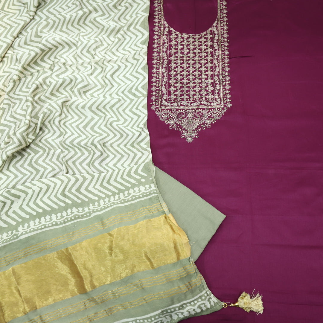Ranjish Magenta Purple Jam Cotton Satin Top With Gajji Silk Dupatta