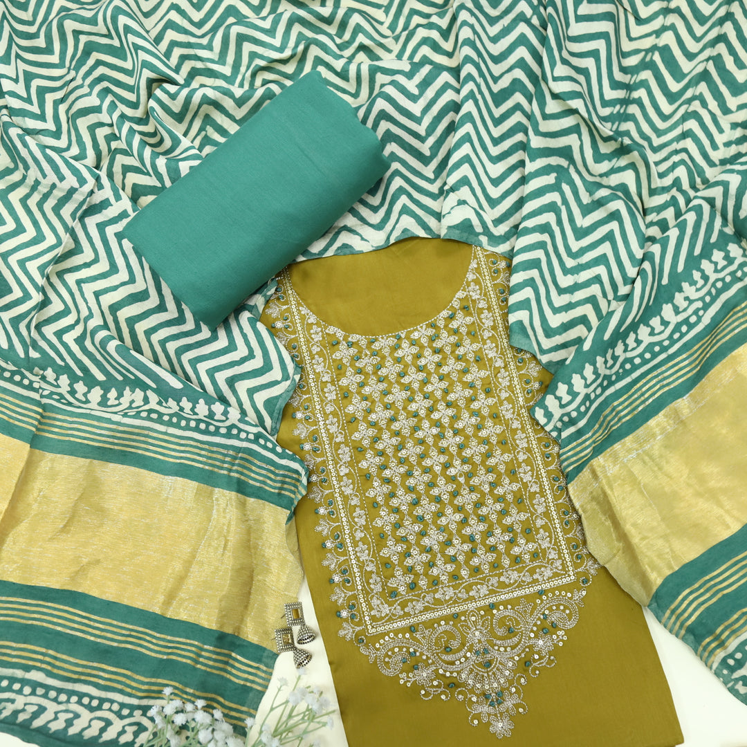 Ranjish Bitter Lemon Green Jam Cotton Satin Top With Gajji Silk Dupatta