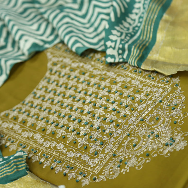 Ranjish Bitter Lemon Green Jam Cotton Satin Top With Gajji Silk Dupatta