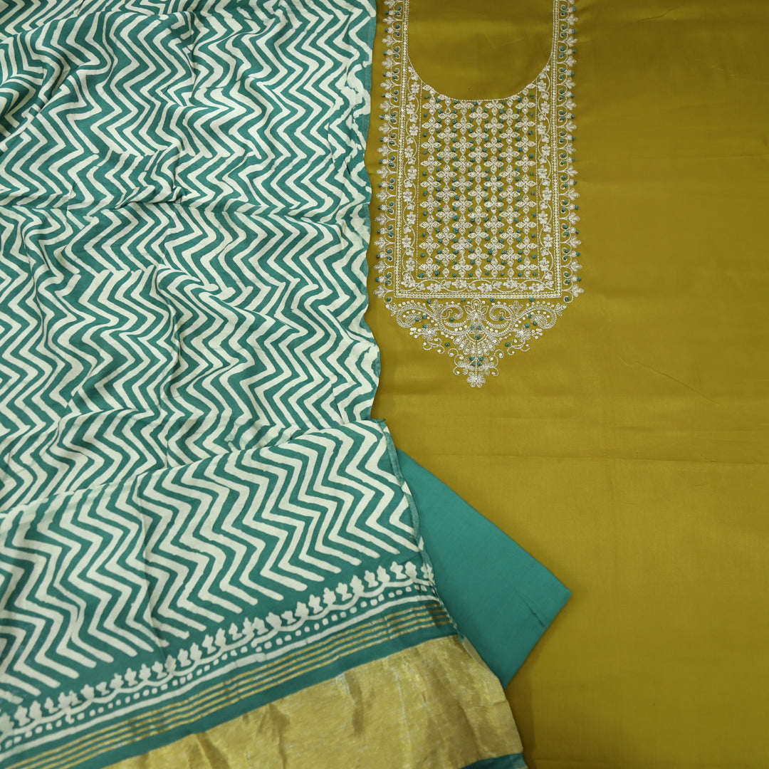 Ranjish Bitter Lemon Green Jam Cotton Satin Top With Gajji Silk Dupatta