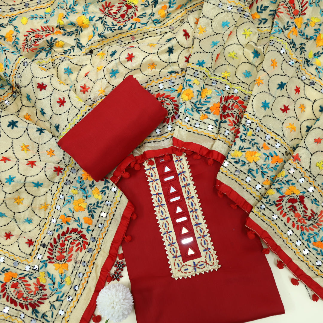 Farishta Cherry Red Glazed Cotton Top With Art Silk Dupatta
