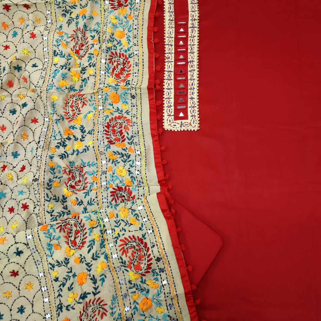 Farishta Cherry Red Glazed Cotton Top With Art Silk Dupatta