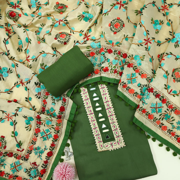 Farishta Crocodile Green Glazed Cotton Top With Art Silk Dupatta