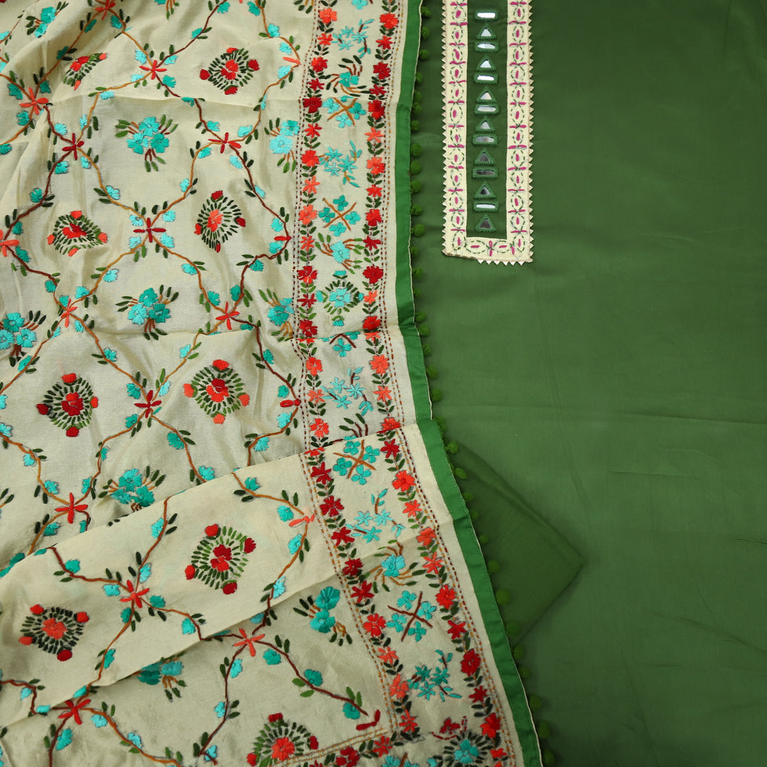 Farishta Crocodile Green Glazed Cotton Top With Art Silk Dupatta