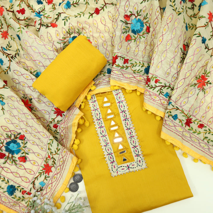 Farishta Sunflower Yellow Glazed Cotton Top With Art Silk Dupatta