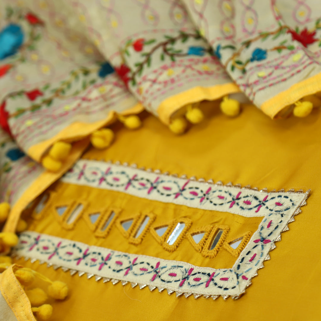 Farishta Sunflower Yellow Glazed Cotton Top With Art Silk Dupatta