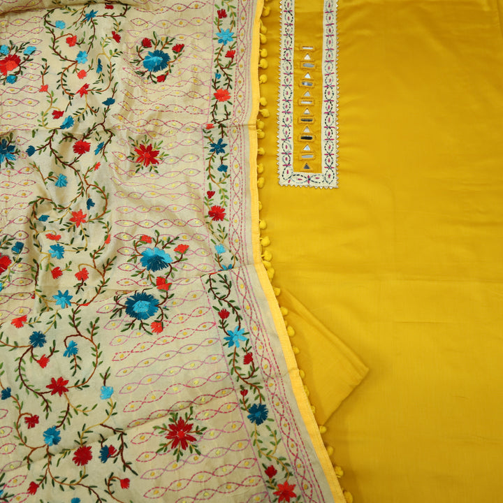 Farishta Sunflower Yellow Glazed Cotton Top With Art Silk Dupatta