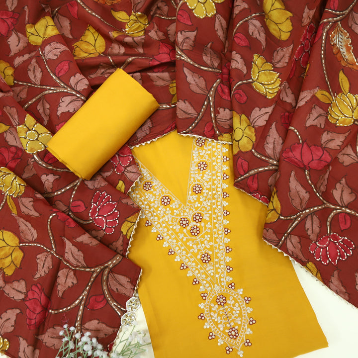 Takalluf Canary Yellow V Neck Modal Top with Printed Modal Dupatta