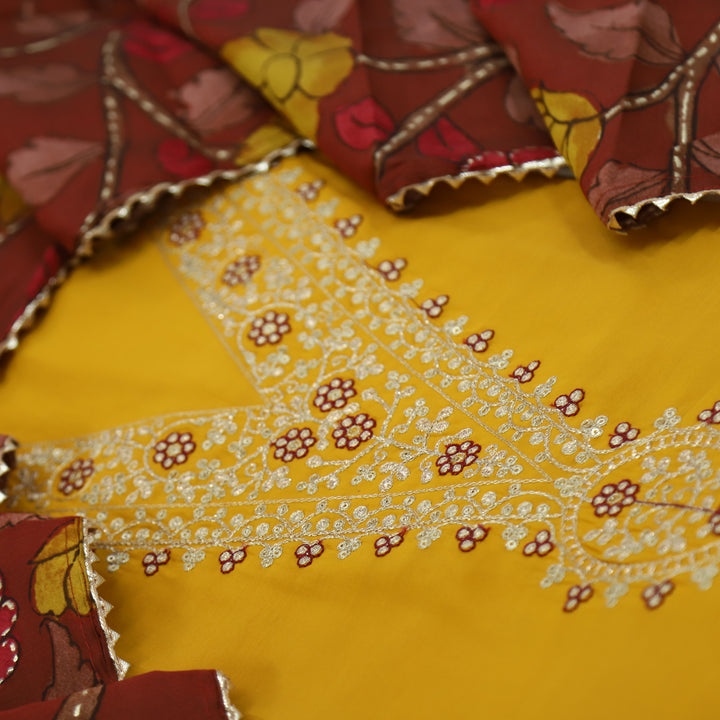 Takalluf Canary Yellow V Neck Modal Top with Printed Modal Dupatta