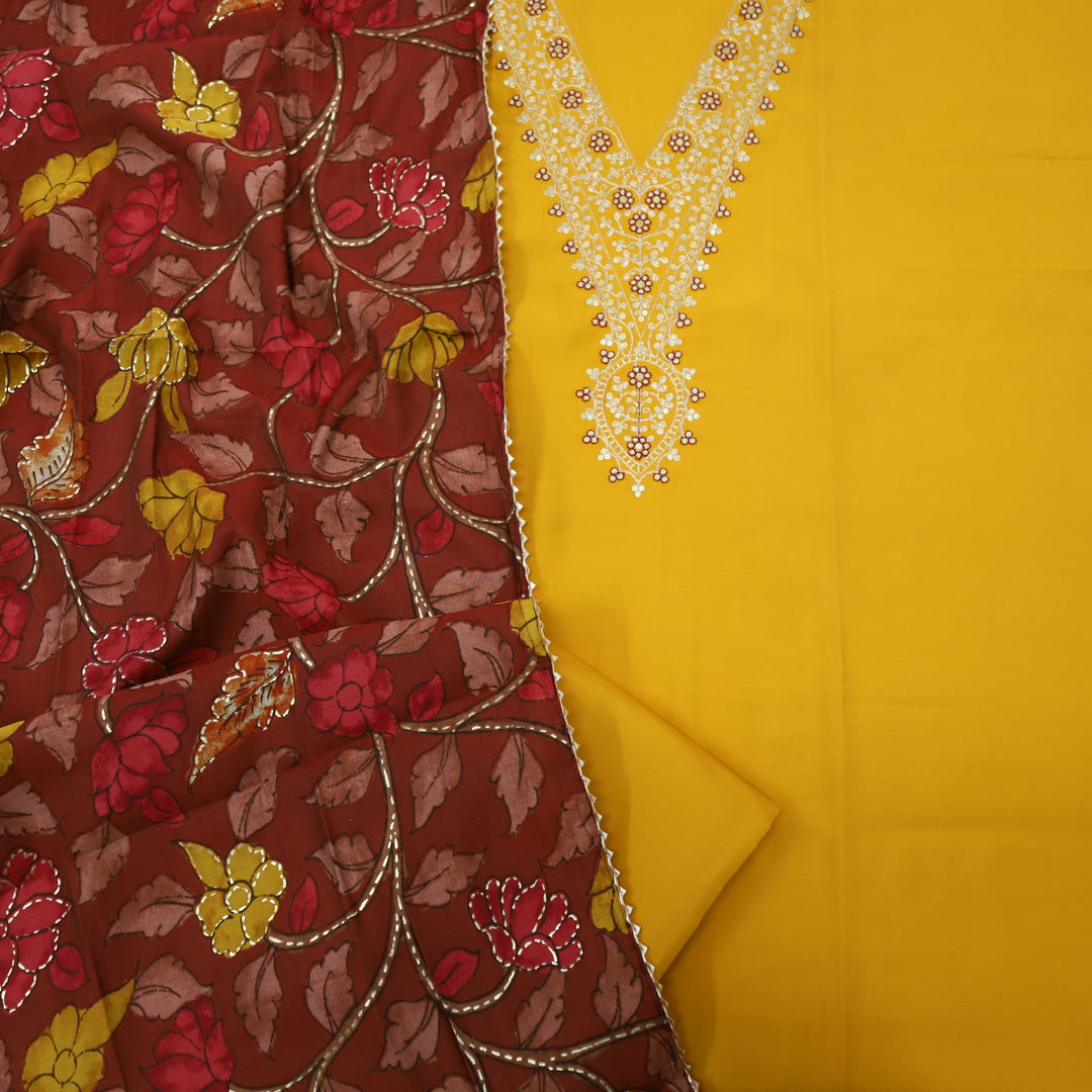 Takalluf Canary Yellow V Neck Modal Top with Printed Modal Dupatta