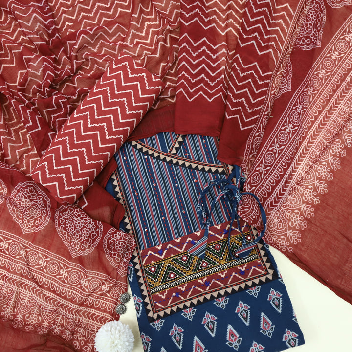 Ruhani Prussian Blue Angrakha Cotton Top With Cotton Dupatta