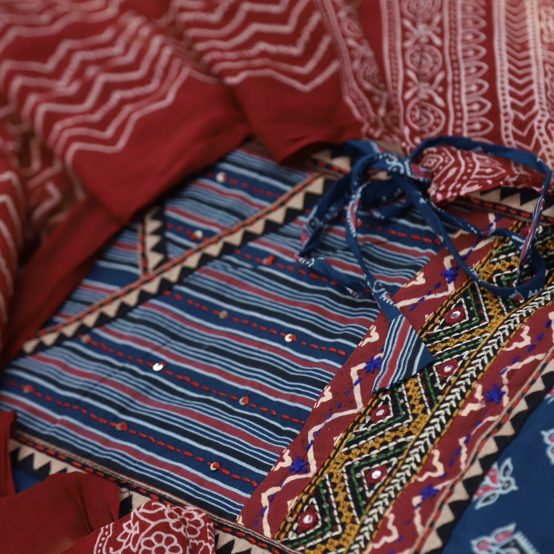 Ruhani Prussian Blue Angrakha Cotton Top With Cotton Dupatta