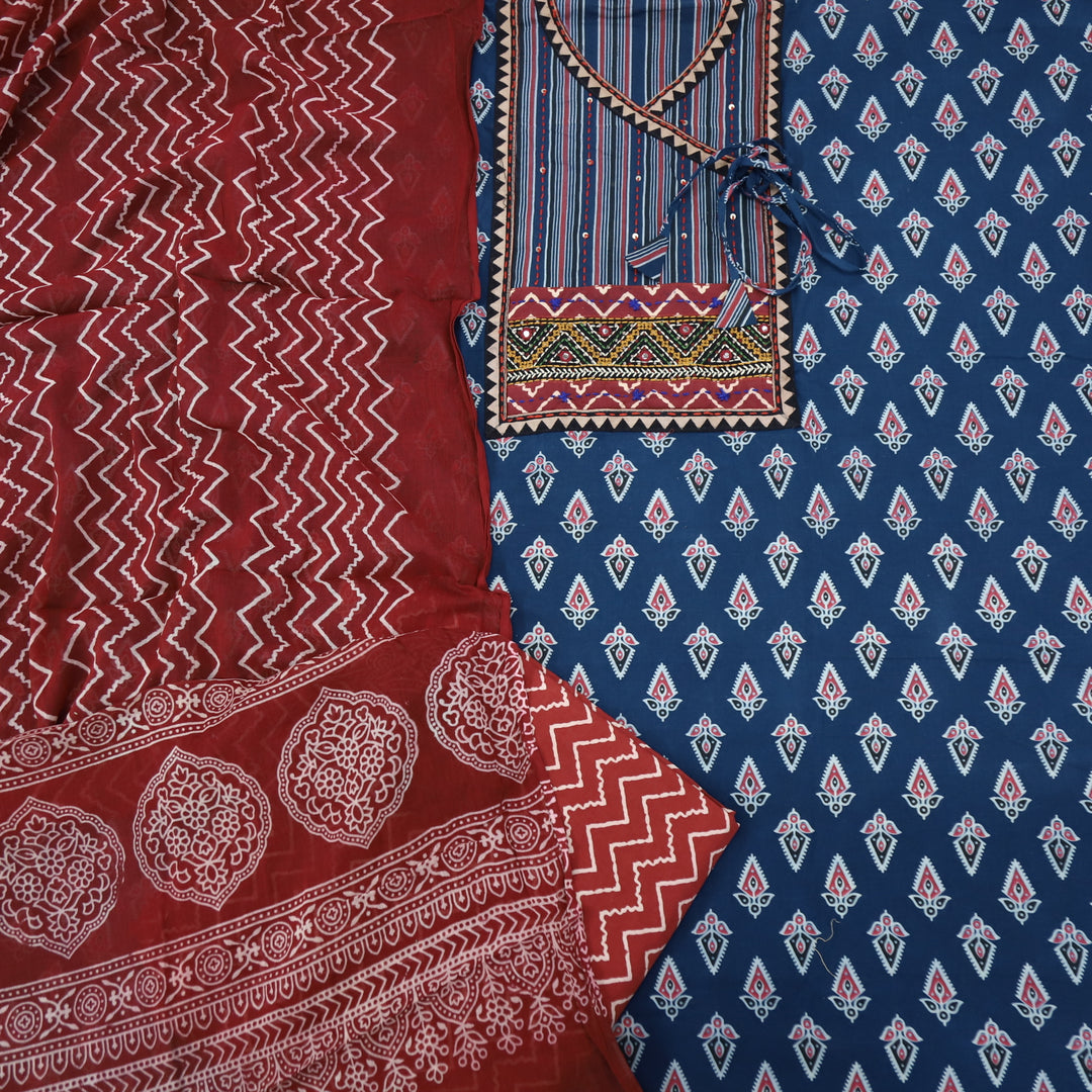 Ruhani Prussian Blue Angrakha Cotton Top With Cotton Dupatta