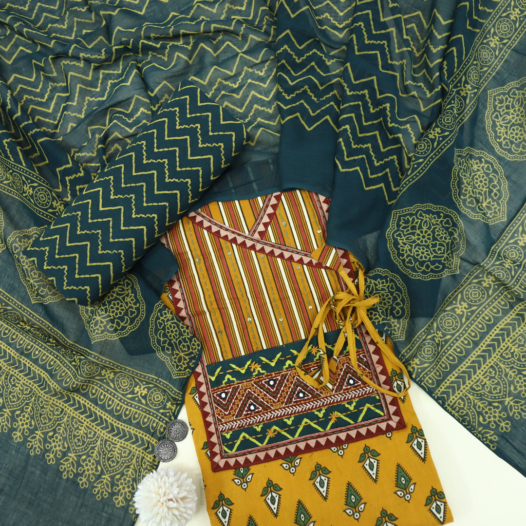 Ruhani Gold Yellow Angrakha Cotton Top With Cotton Dupatta