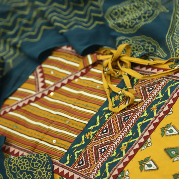 Ruhani Gold Yellow Angrakha Cotton Top With Cotton Dupatta