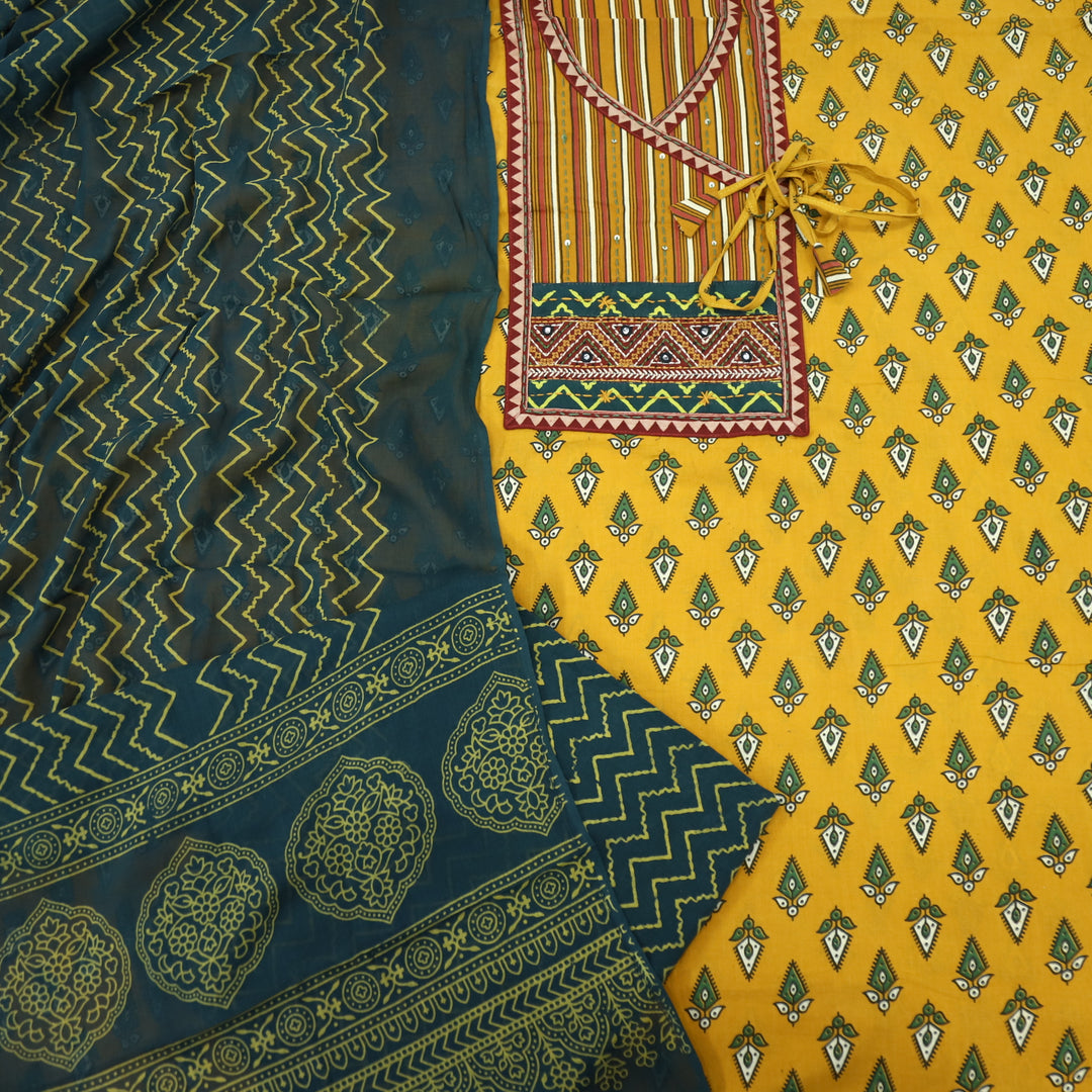Ruhani Gold Yellow Angrakha Cotton Top With Cotton Dupatta