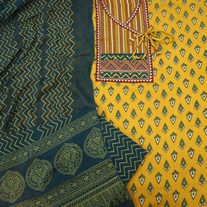 Ruhani Gold Yellow Angrakha Cotton Top With Cotton Dupatta