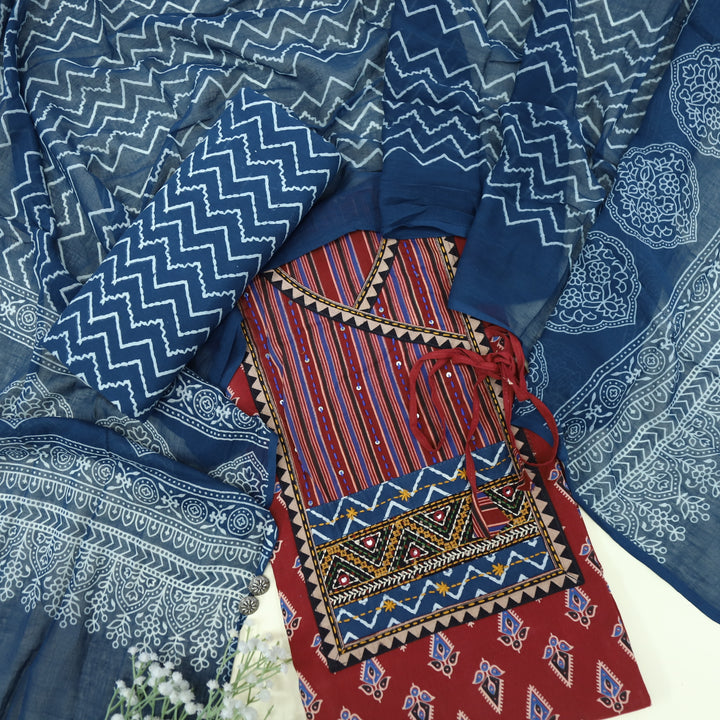 Ruhani Blood Red Angrakha Cotton Top With Cotton Dupatta