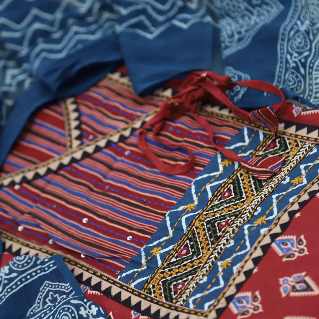 Ruhani Blood Red Angrakha Cotton Top With Cotton Dupatta