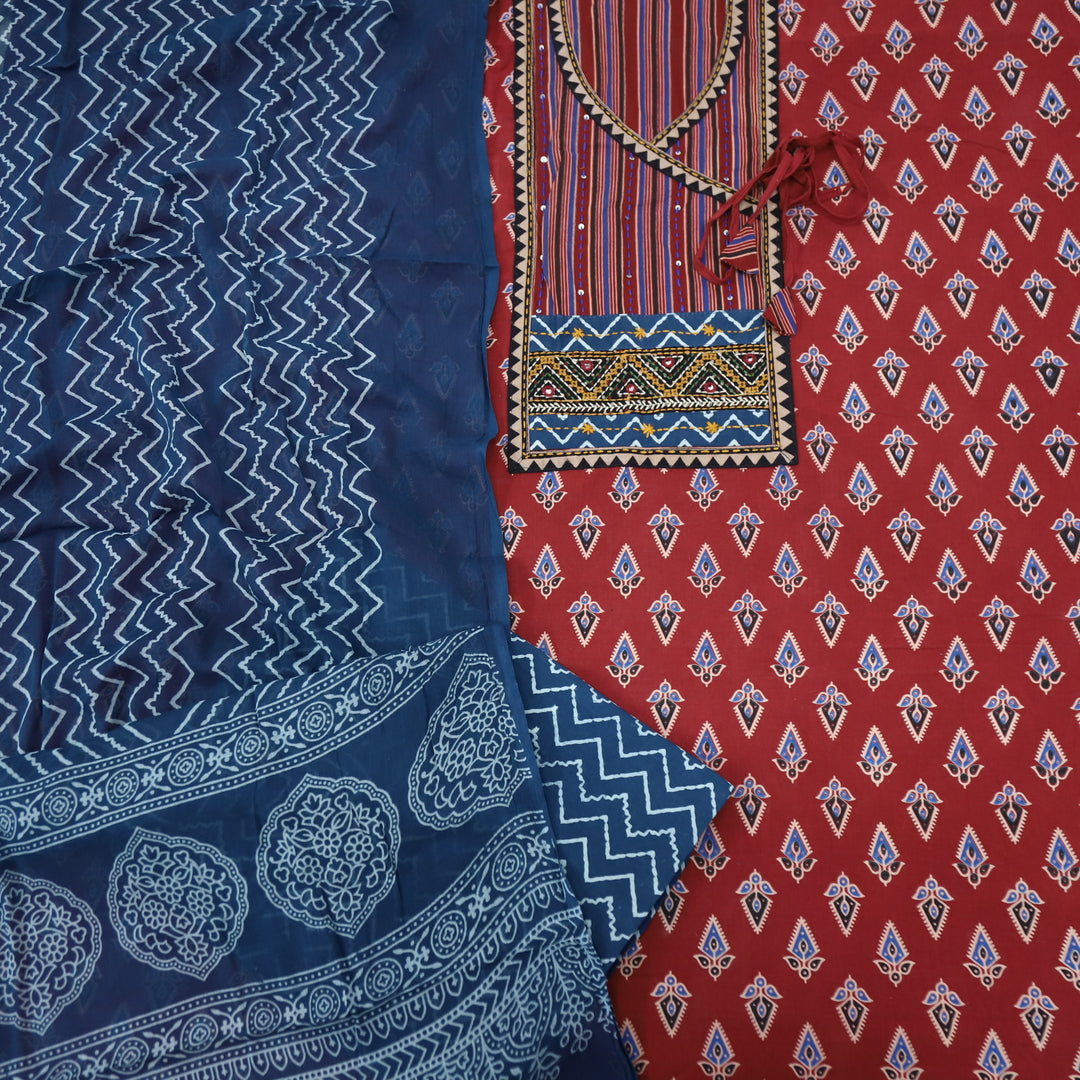 Ruhani Blood Red Angrakha Cotton Top With Cotton Dupatta