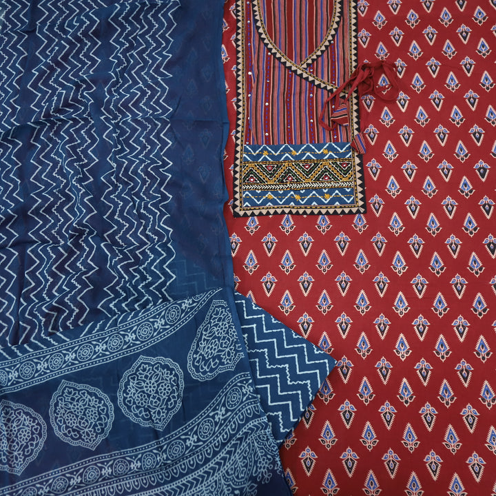 Ruhani Blood Red Angrakha Cotton Top With Cotton Dupatta