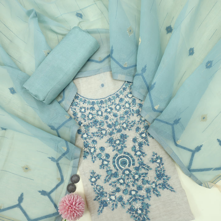 Jannat Teal Blue Jamdani Top and Jamdani Dupatta