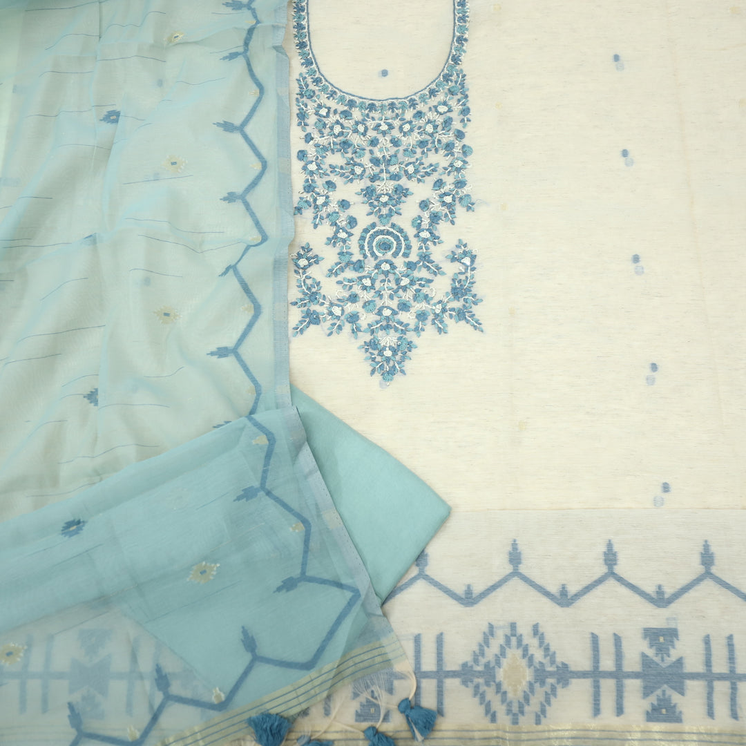 Jannat Teal Blue Jamdani Top and Jamdani Dupatta