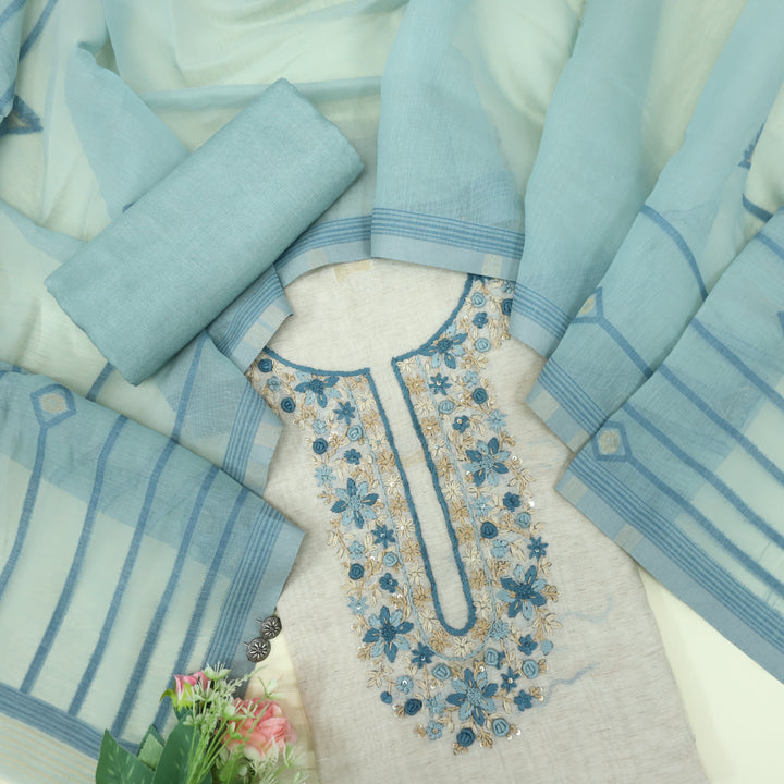 Jannat Teal Blue Jamdani Top and Jamdani Dupatta-D2