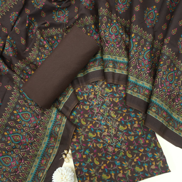 Ruksana Choco Brown  Grey Semi Pashmina Top with Semi Pashmina Dupatta