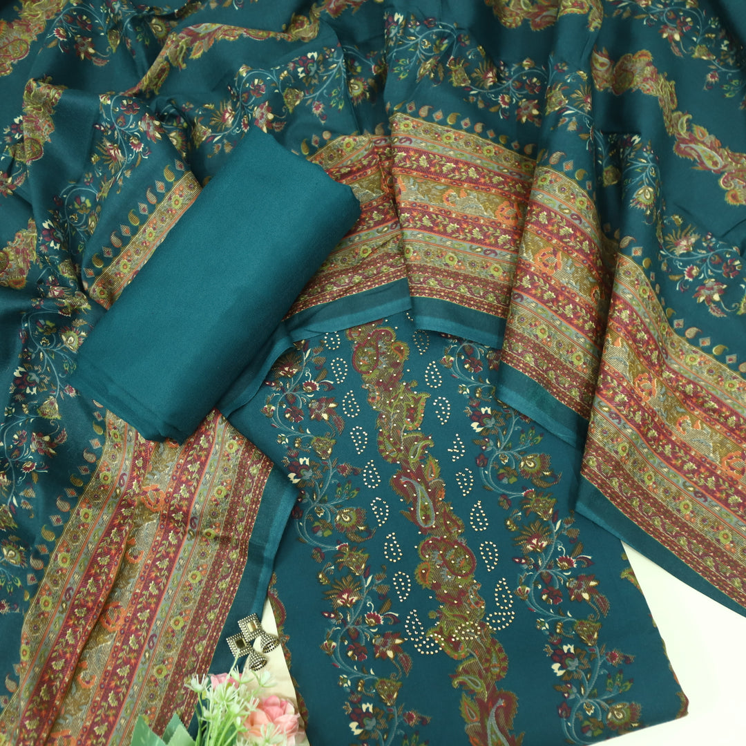 Ruksana Dark Teal Semi Pashmina Top with Semi Pashmina Dupatta