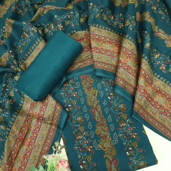 Ruksana Dark Teal Semi Pashmina Top with Semi Pashmina Dupatta