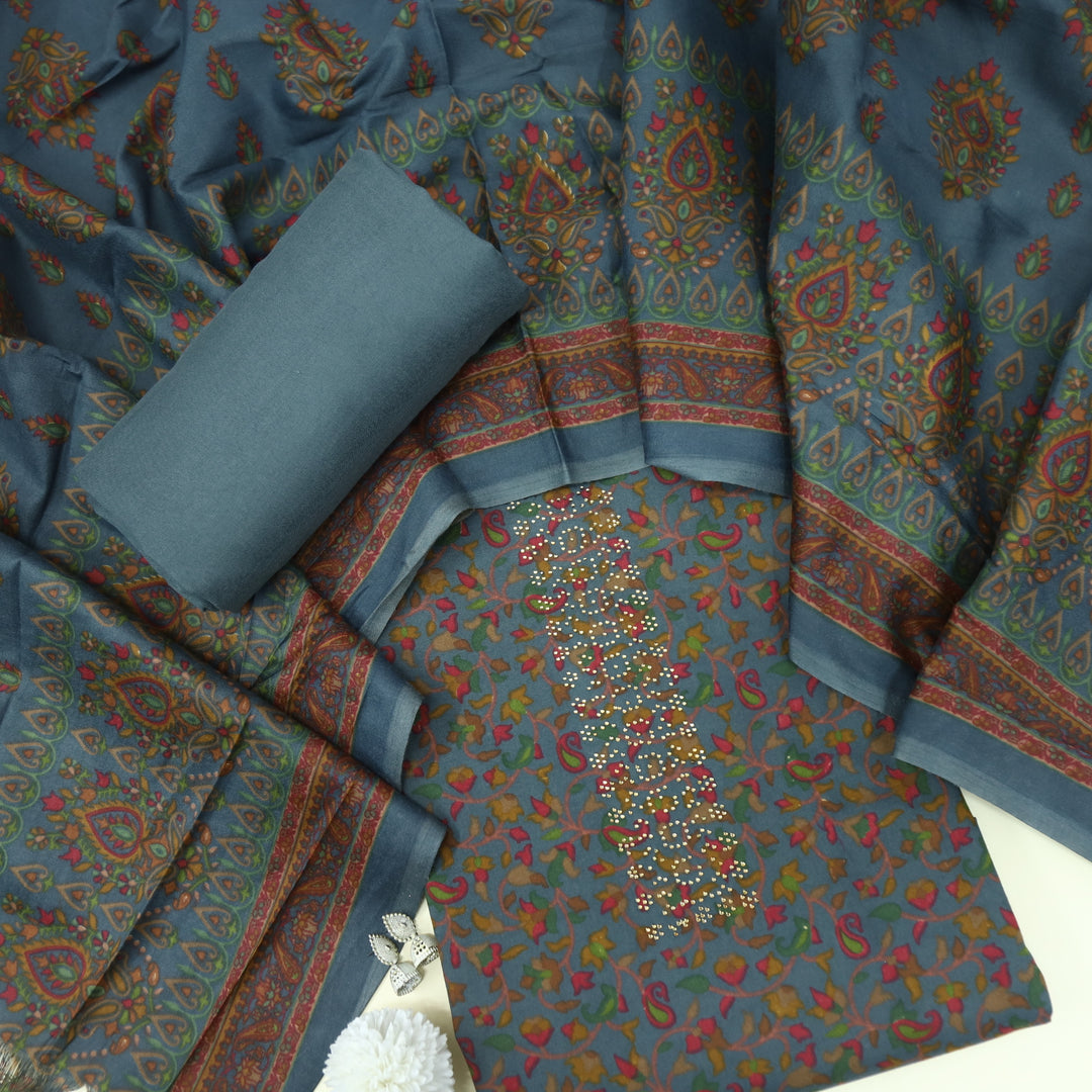Ruksana Fossil Grey Semi Pashmina Top with Semi Pashmina Dupatta