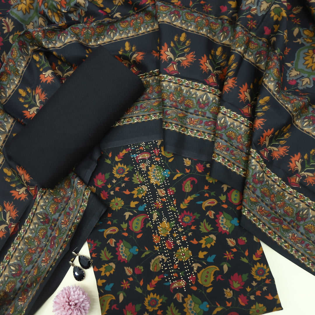 Ruksana Ebony Black Grey Semi Pashmina Top with Semi Pashmina Dupatta