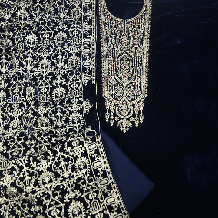 Noor Royal Blue Zari Work Velvet Top with Velvet Dupatta