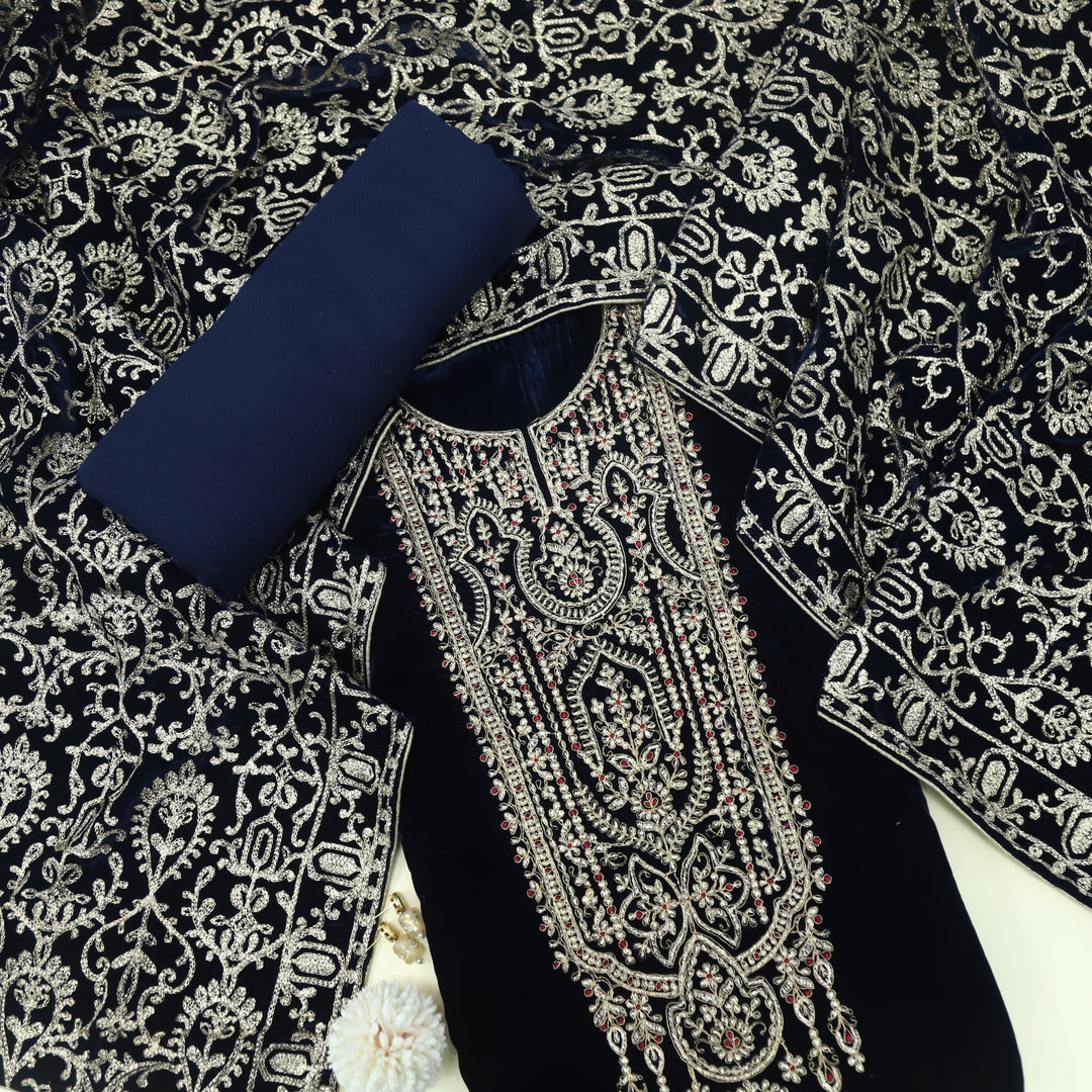 Noor Royal Blue Zari Work Velvet Top with Velvet Dupatta