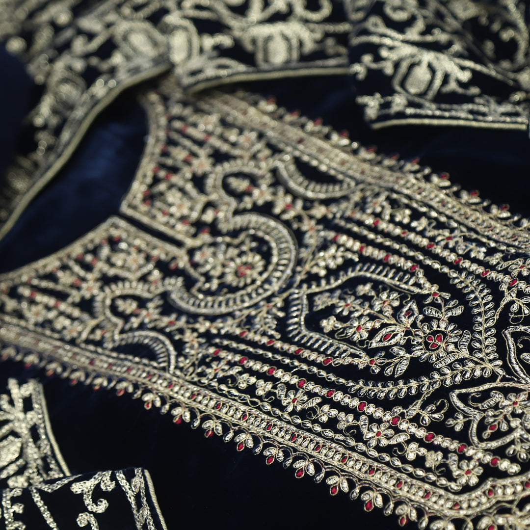 Noor Royal Blue Zari Work Velvet Top with Velvet Dupatta