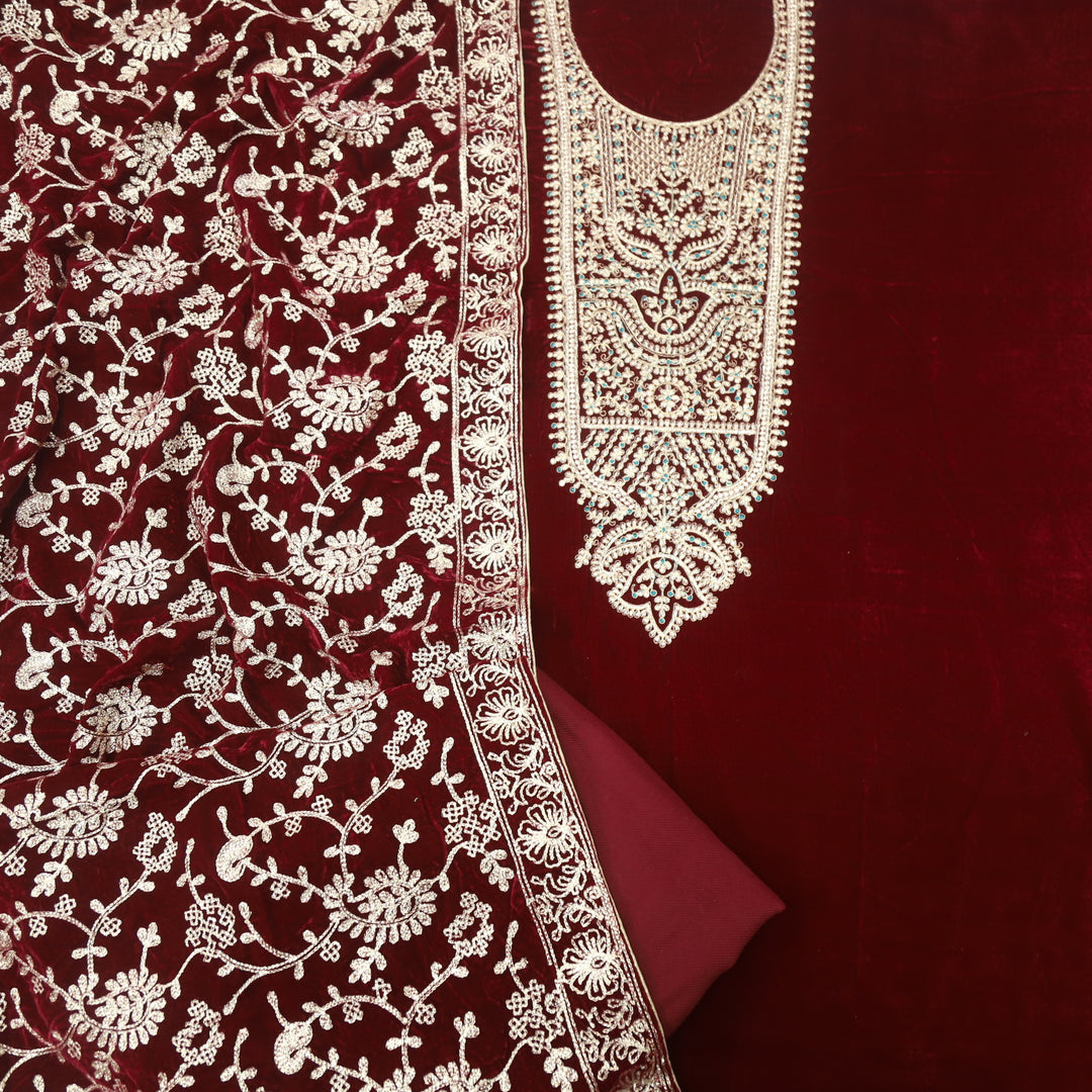 Noor Bride Red Zari Work Velvet Top with Velvet Dupatta