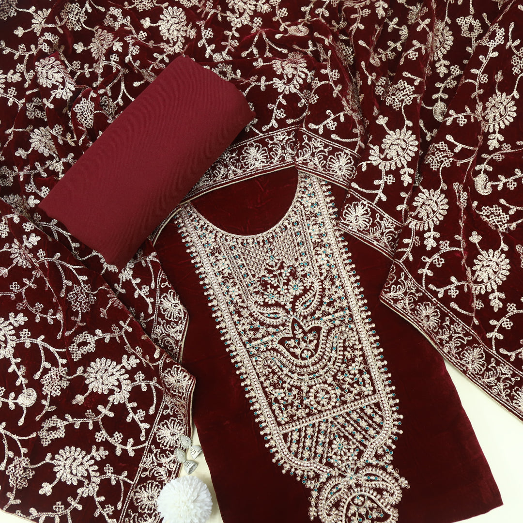 Noor Bride Red Zari Work Velvet Top with Velvet Dupatta