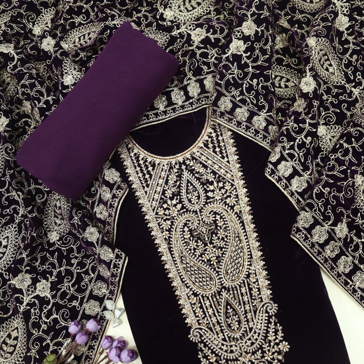 Noor Eggplant Purple Zari Work Velvet Top with Velvet Dupatta