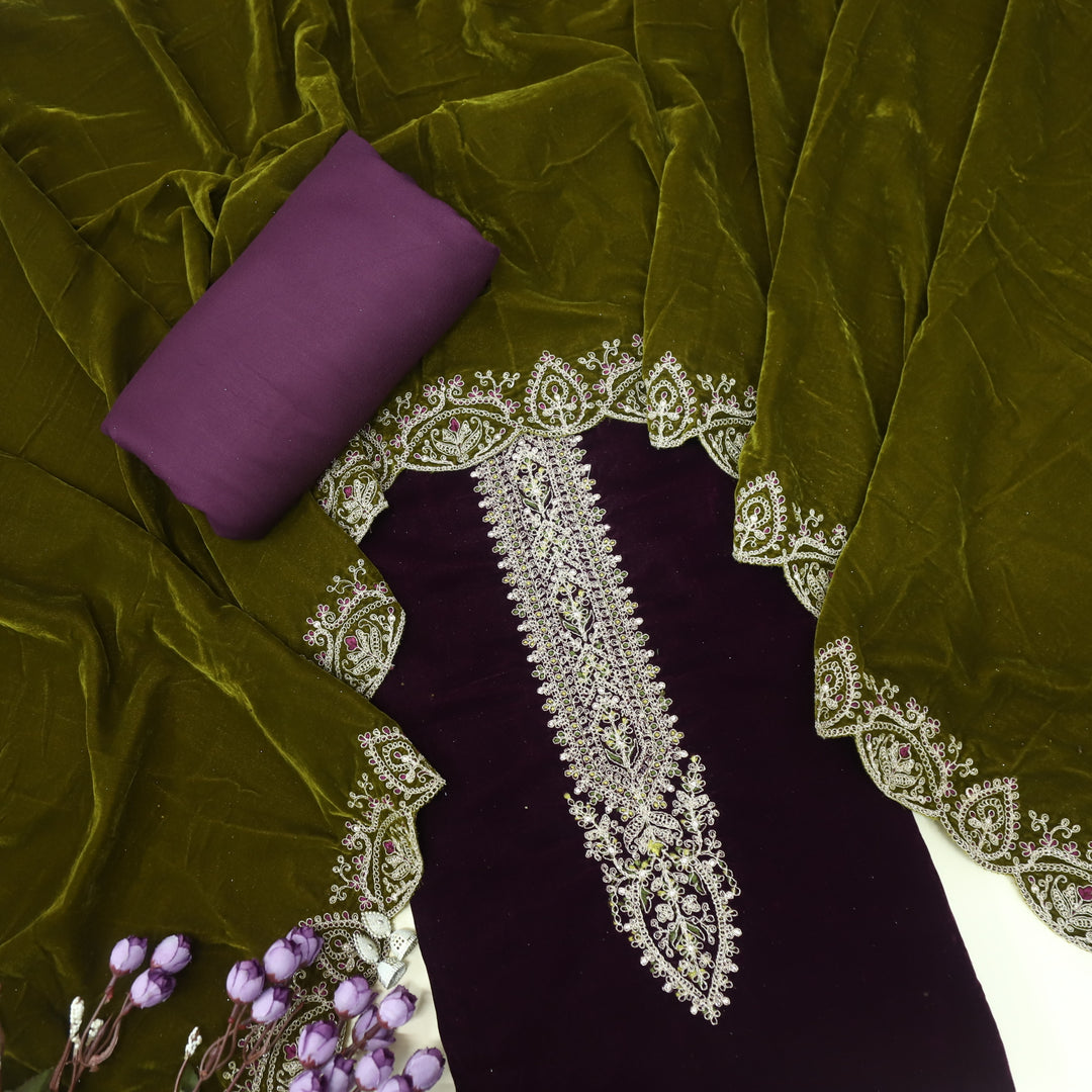 Noor Eggplant Purple Zari Work Velvet Top with Velvet Dupatta