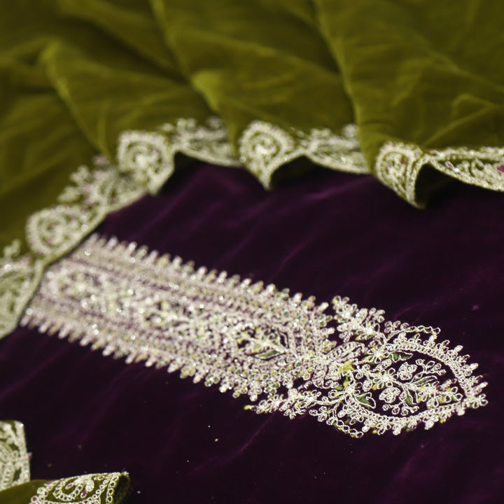 Noor Eggplant Purple Zari Work Velvet Top with Velvet Dupatta