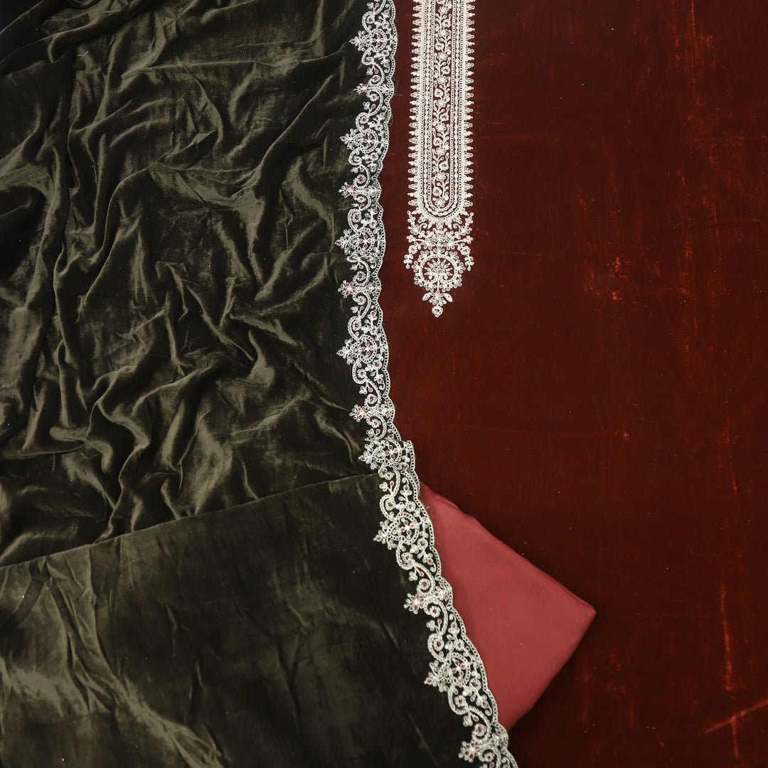 Noor Cherry Red Zari Work Velvet Top with Velvet Dupatta