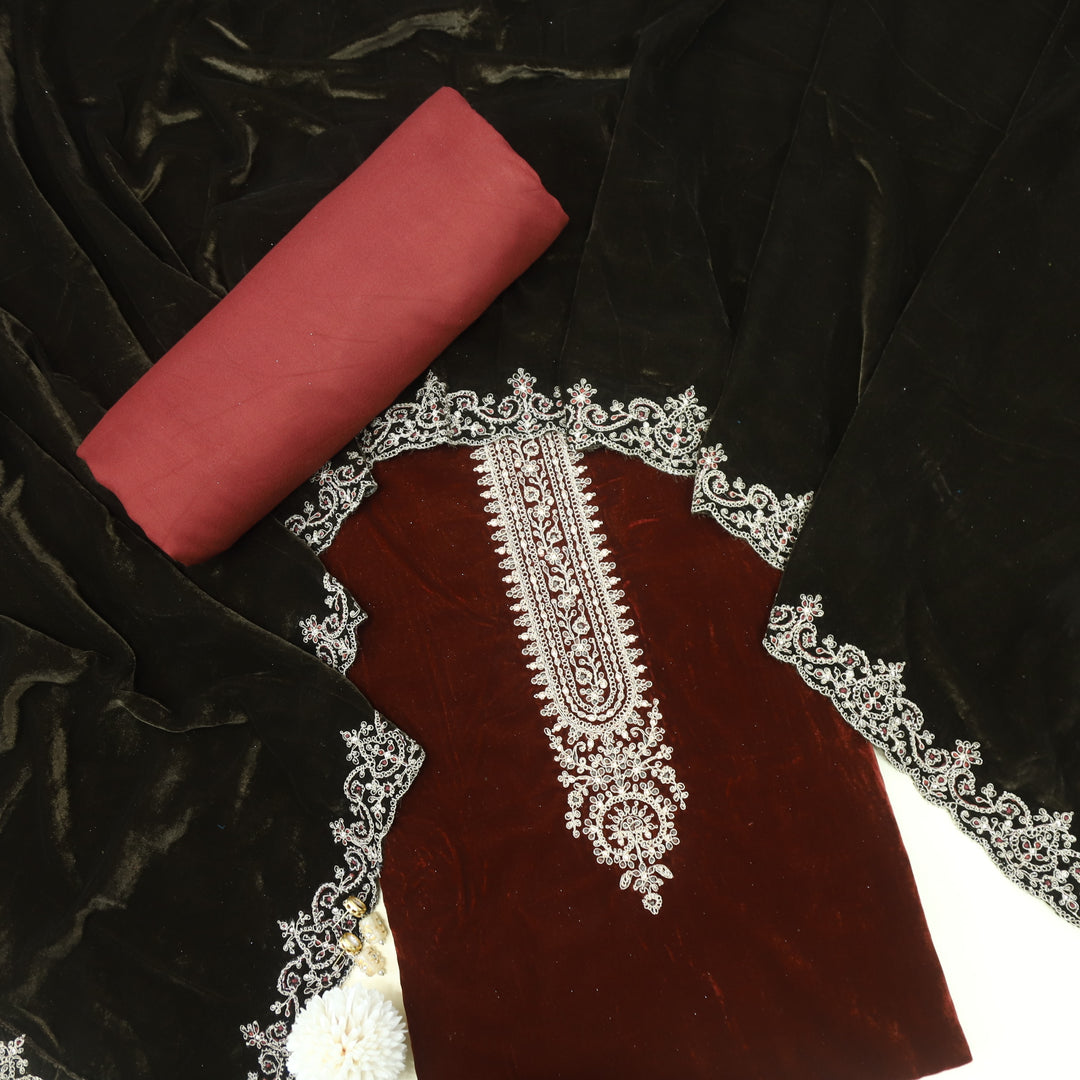Noor Cherry Red Zari Work Velvet Top with Velvet Dupatta