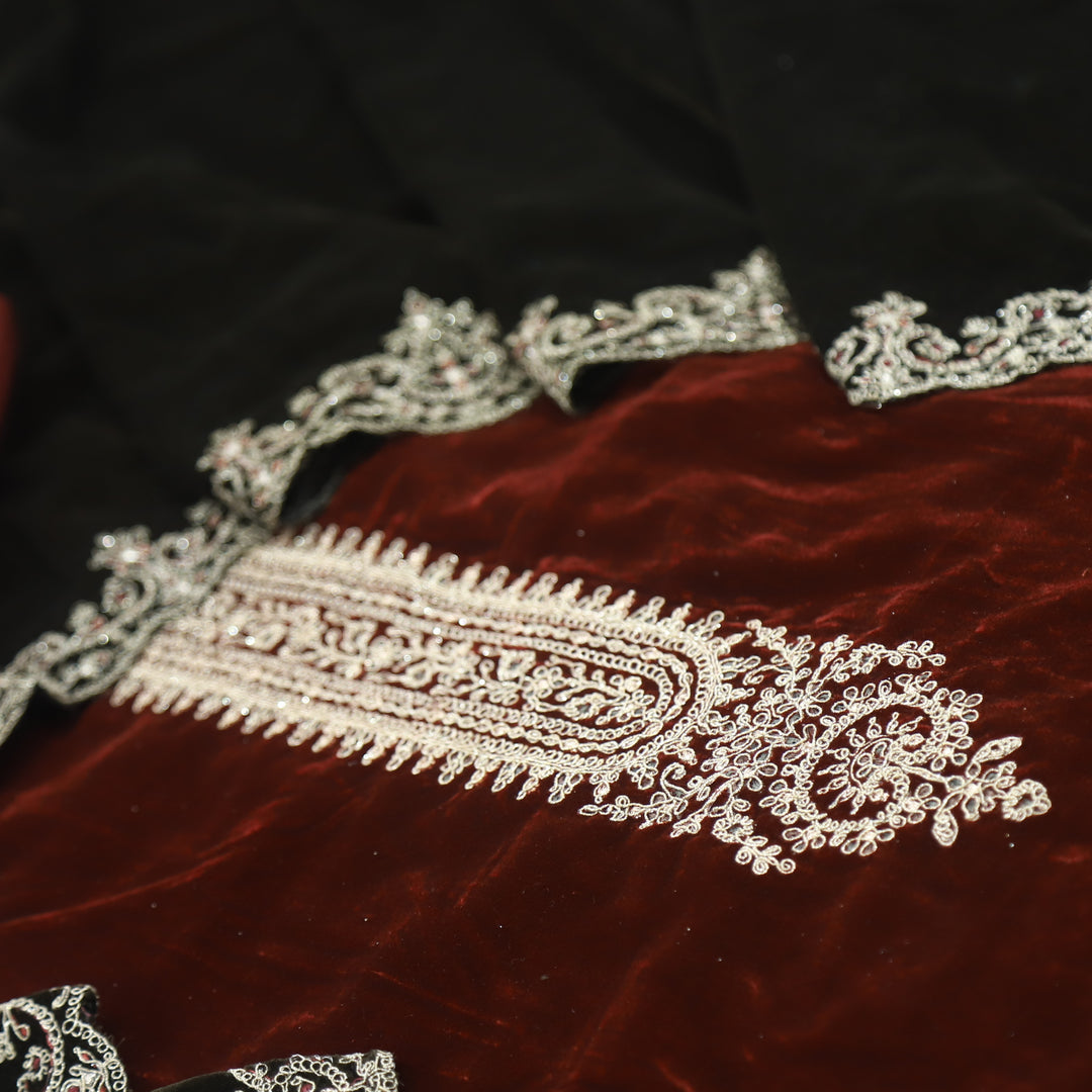 Noor Cherry Red Zari Work Velvet Top with Velvet Dupatta
