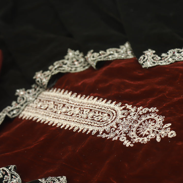 Noor Cherry Red Zari Work Velvet Top with Velvet Dupatta