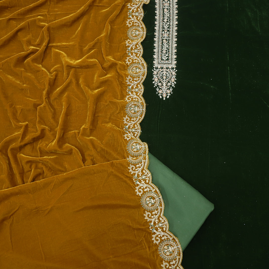 Noor Royal Green Zari Work Velvet Top with Velvet Dupatta