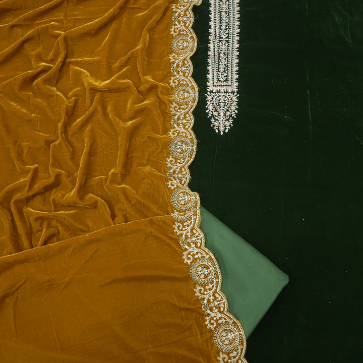 Noor Royal Green Zari Work Velvet Top with Velvet Dupatta
