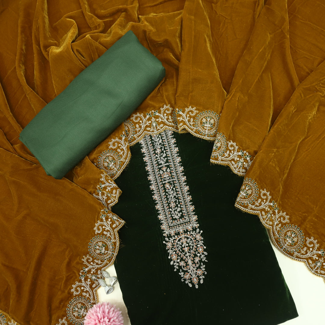 Noor Royal Green Zari Work Velvet Top with Velvet Dupatta